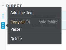 Property options displaying add line item, copy all, paste, and delete